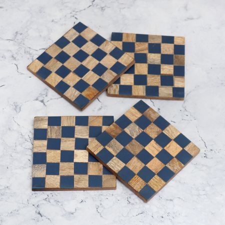 Blue and Brown Check Pattern Wooden Coasters - Pack of 4